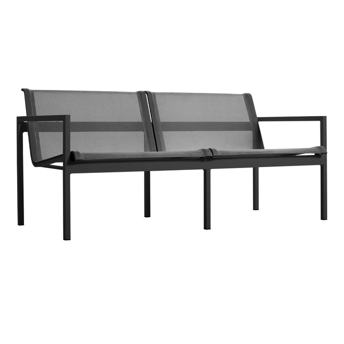Stylish two-seater bench with a sleek black metal frame and modern gray mesh seating for a contemporary look.