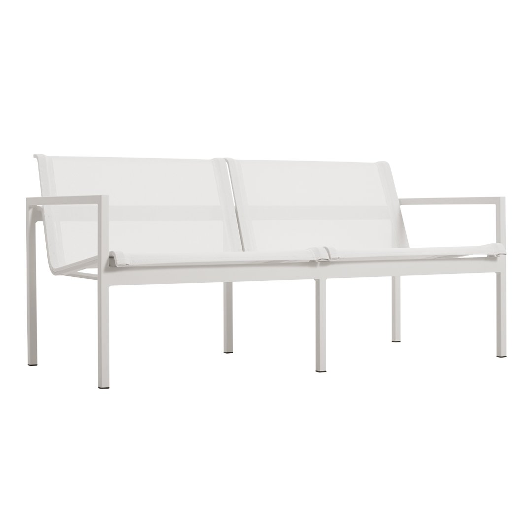 White metal sofa with smooth, minimalist lines and soft, clean white fabric cushions. Perfect for modern decor.
