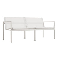 White metal sofa with smooth, minimalist lines and soft, clean white fabric cushions. Perfect for modern decor.
