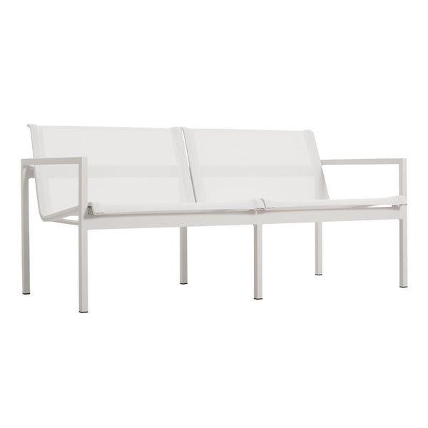 White metal sofa with smooth, minimalist lines and soft, clean white fabric cushions. Perfect for modern decor.