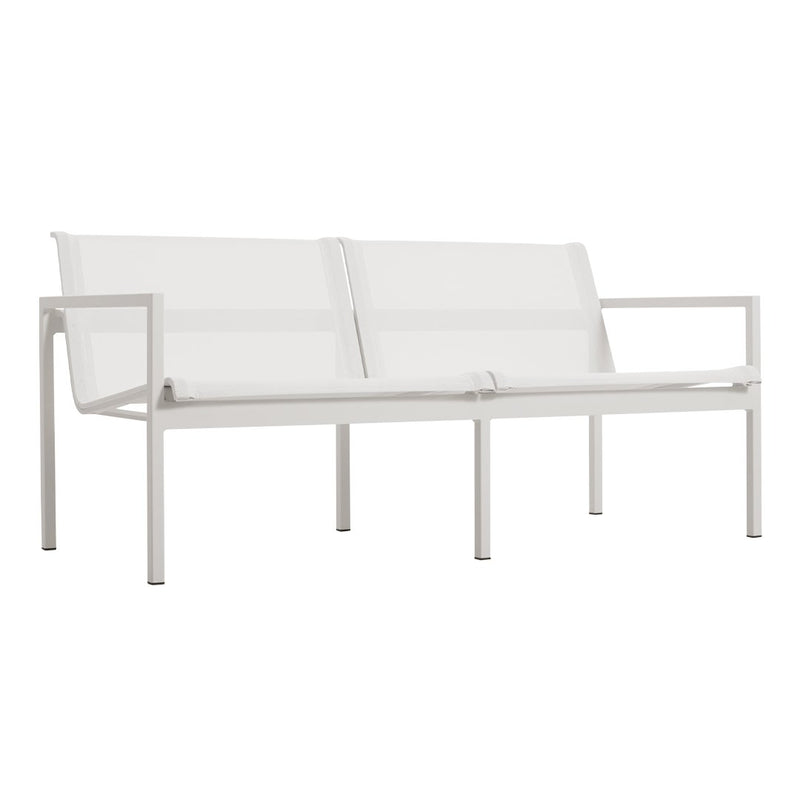 White metal sofa with smooth, minimalist lines and soft, clean white fabric cushions. Perfect for modern decor.