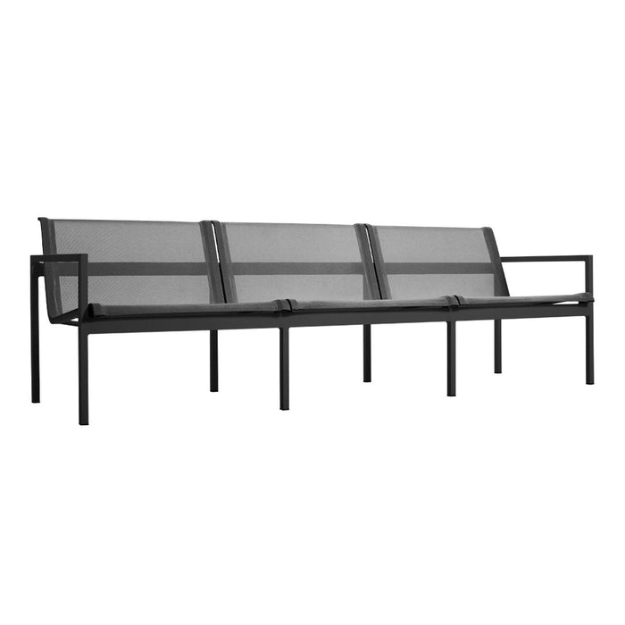 Black metal bench with a sleek, modern design featuring breathable mesh seating in a gray pattern.