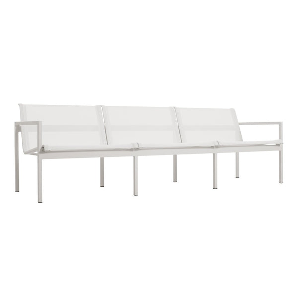 White outdoor sofa with a sleek frame and minimalistic design, featuring a clean and modern aesthetic.