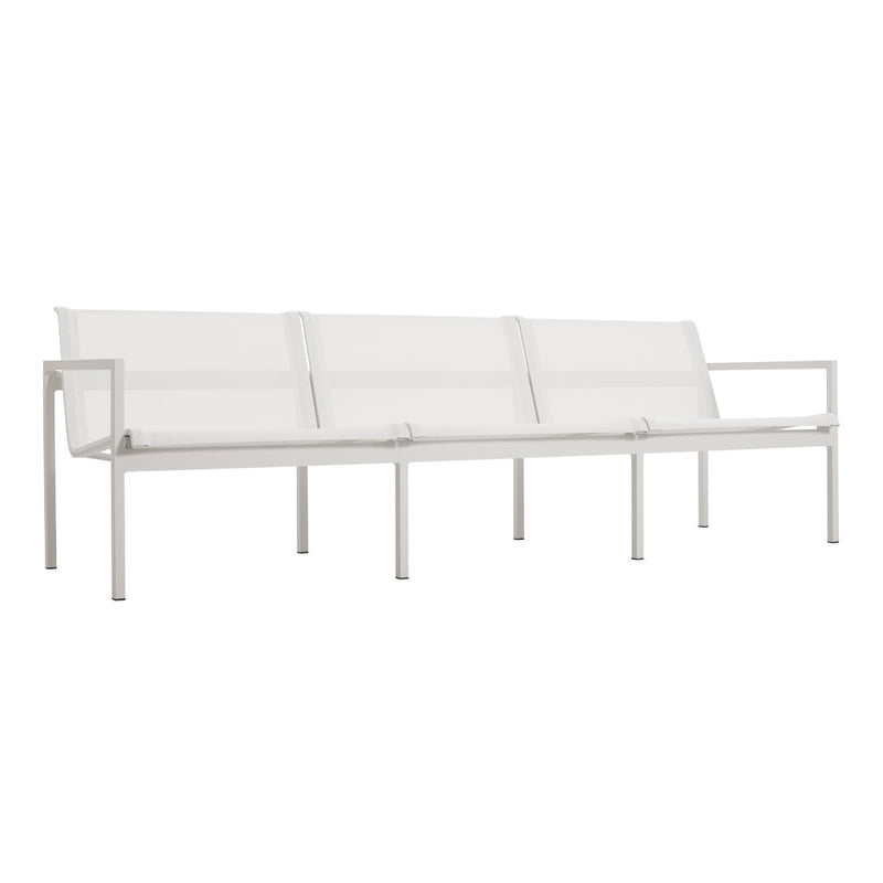 White outdoor sofa with a sleek frame and minimalistic design, featuring a clean and modern aesthetic.