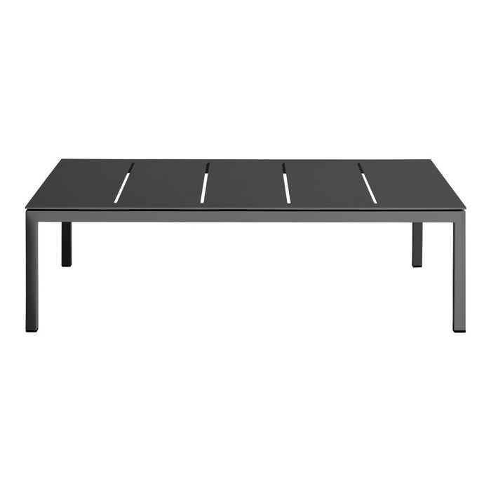 Modern black coffee table with sleek, horizontal slat pattern and minimalist design. Ideal for contemporary decor.