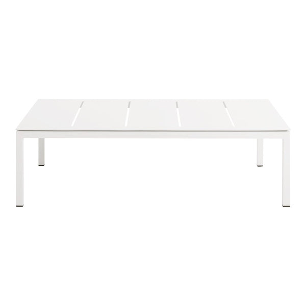 White rectangular coffee table with smooth, minimalistic design and subtle panel lines on the tabletop.