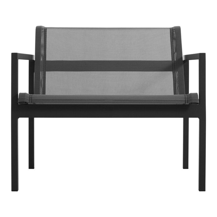 Modern black chair with a sleek mesh seat and minimalist design, perfect for contemporary spaces.
