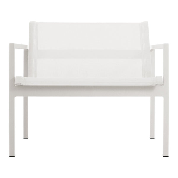 White minimalist two-seat bench with a sleek design and clean lines, perfect for modern outdoor spaces.
