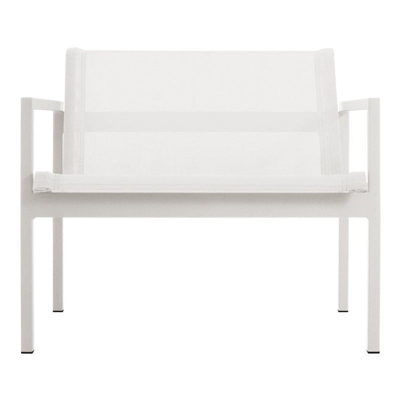 White minimalist two-seat bench with a sleek design and clean lines, perfect for modern outdoor spaces.