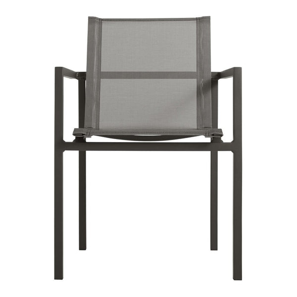 Gray mesh chair with sleek black metal frame, featuring a minimalist design and contemporary aesthetic.