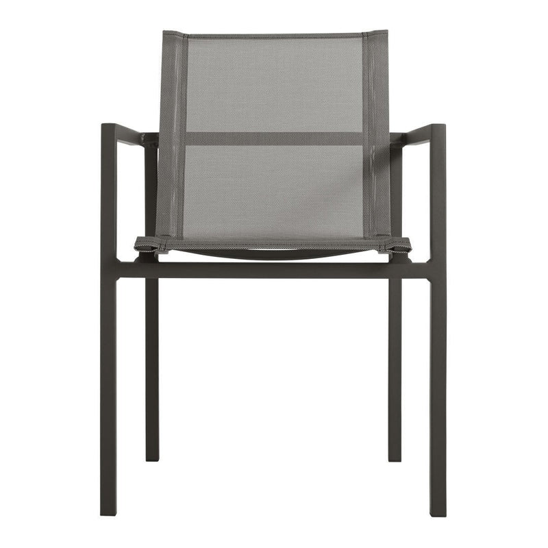 Gray mesh chair with sleek black metal frame, featuring a minimalist design and contemporary aesthetic.