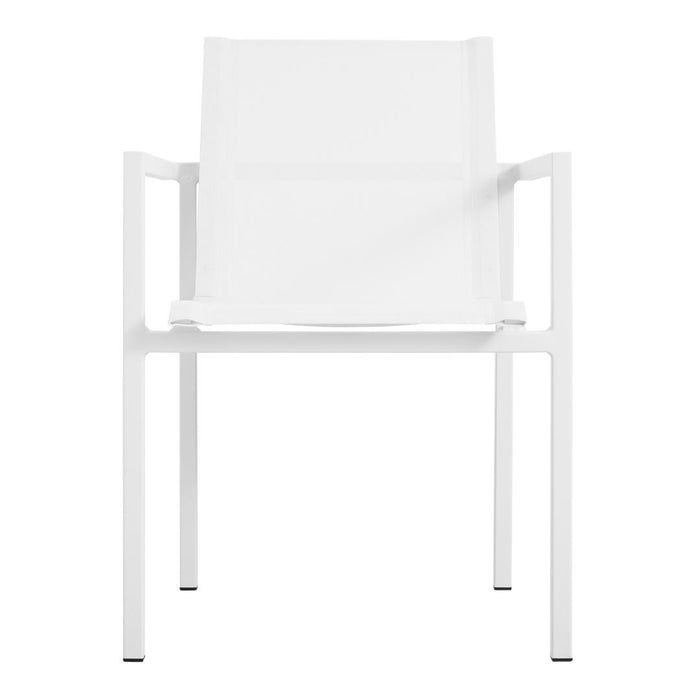 Minimalist white chair with a sleek design and clean lines, perfect for modern indoor or outdoor settings.