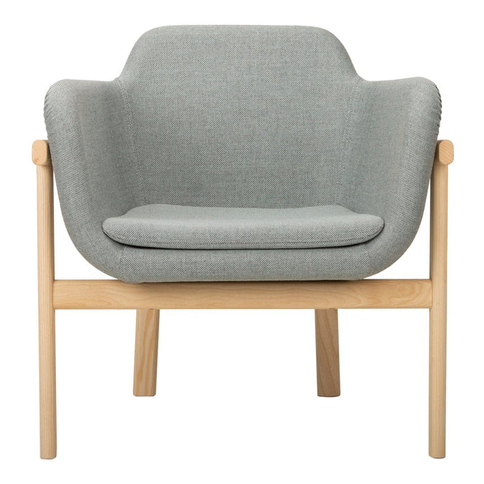 Light gray upholstered chair with a smooth texture and a natural wood frame. Stylish and minimalist design.