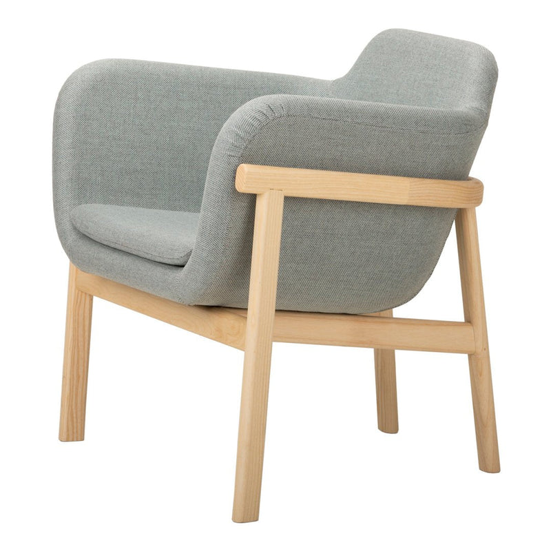 Gray upholstered chair with a gentle texture and light wood legs, featuring a modern minimalist design.