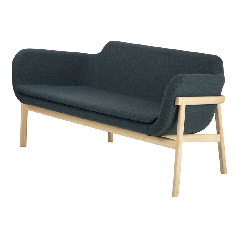 Gray upholstered sofa with a minimalist design and natural wood legs, perfect for modern decor.