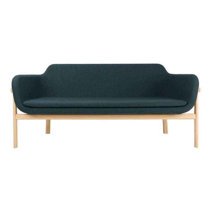 Dark teal upholstered sofa with minimalist design and natural wood legs. Modern and versatile for any living space.