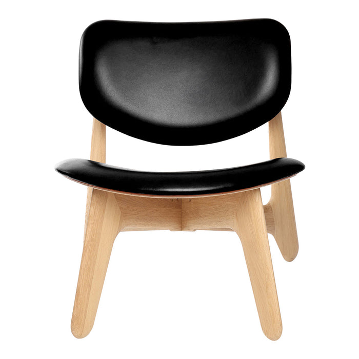 Black lounge chair with a smooth, curved seat and light wooden legs, showcasing a minimalist design.
