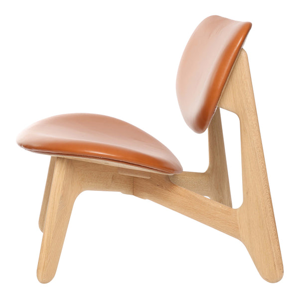 Mid-century chair with a sleek wooden frame and rich brown leather cushions, showcasing minimalist design.