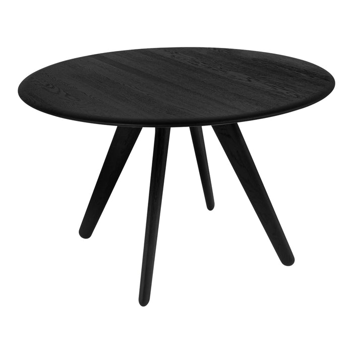 Stylish round coffee table in matte black finish with sleek tapered legs and a minimalist design.