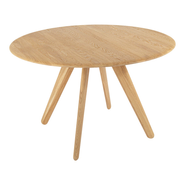 Natural wood round table with a light oak finish and sleek, minimalist design. Perfect for modern spaces.
