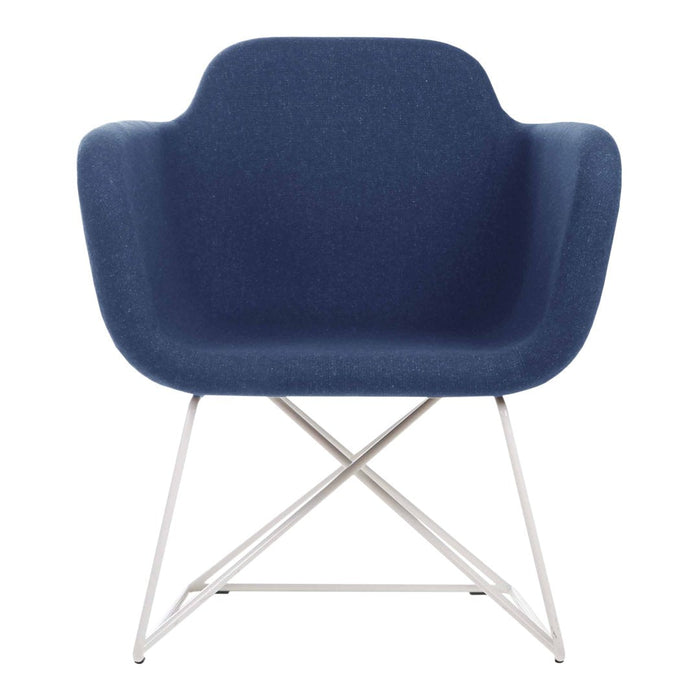 Navy blue upholstered chair with a sleek modern design and silver metal legs, perfect for contemporary spaces.