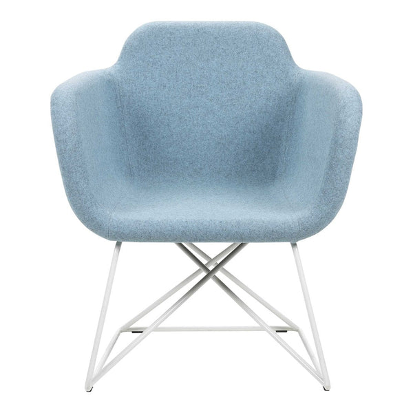 Light blue upholstered chair with a smooth texture and minimalist design, featuring a sleek white metal base.