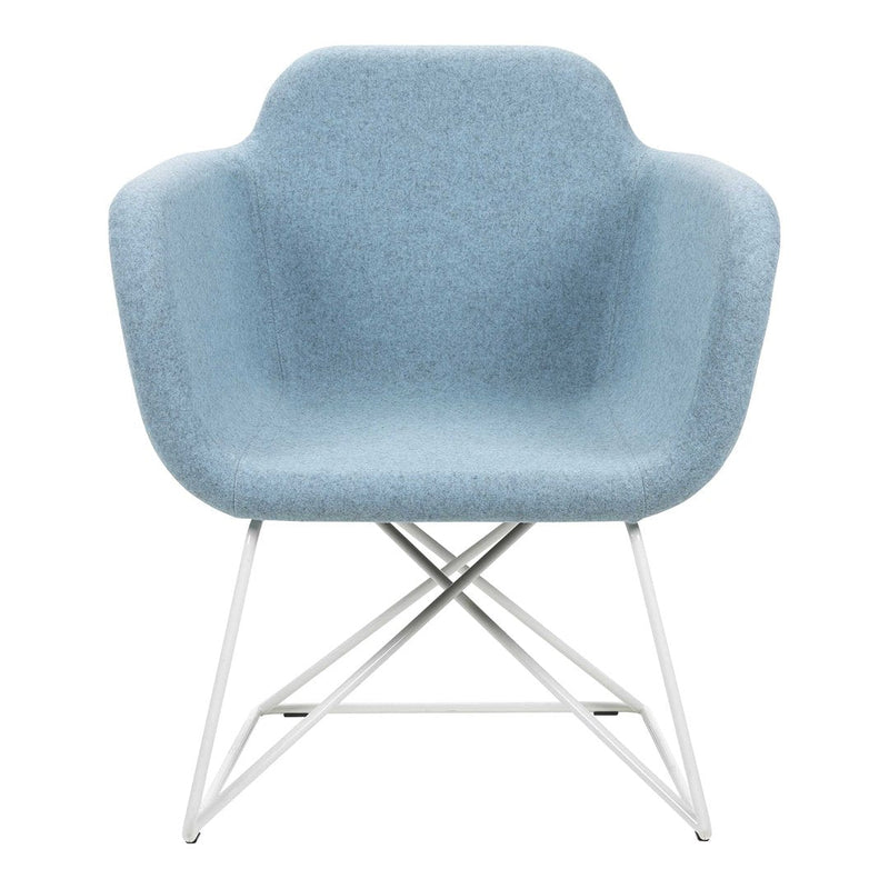 Light blue upholstered chair with a smooth texture and minimalist design, featuring a sleek white metal base.