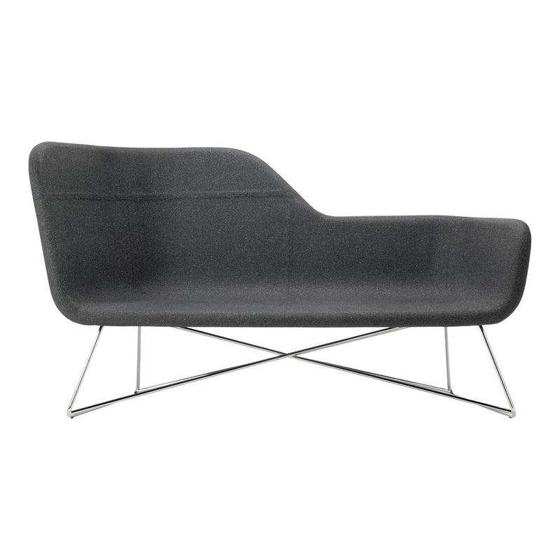 Modern gray sofa with sleek lines and minimalist design, featuring a textured fabric and metallic base.