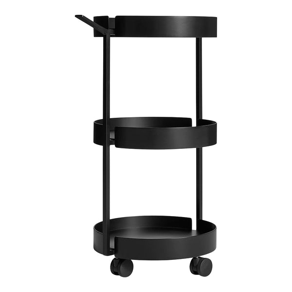 Black metal rolling cart with three circular tiers and a sleek design. Perfect for modern decor and versatile use.