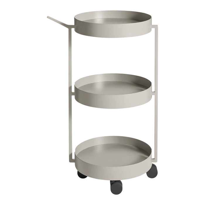 Light gray metal rolling cart with three smooth round trays on a minimalist frame. Modern, sleek design.