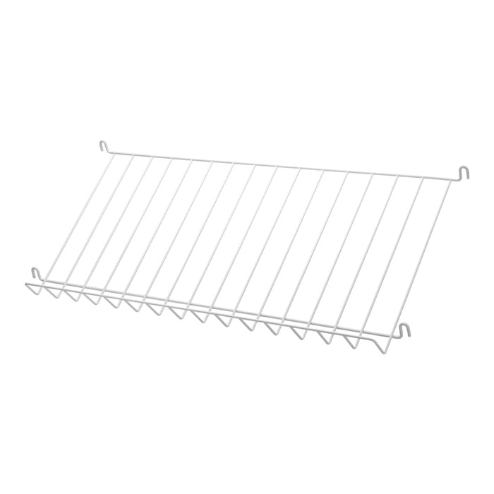 White wire shelf with sleek, minimalist design and evenly spaced horizontal and vertical lines for a modern look.