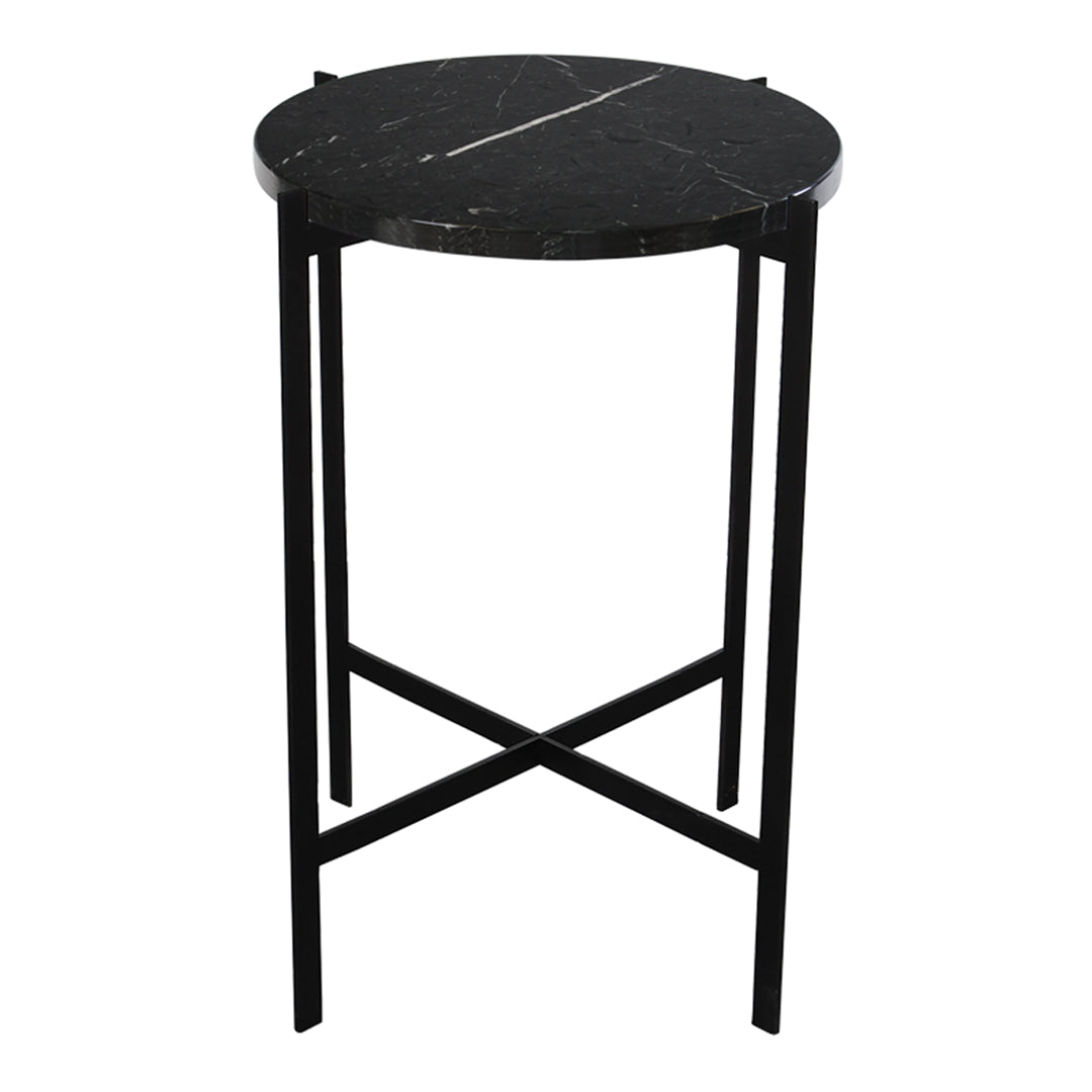Round black marble side table with natural white veining and sleek black metal legs, perfect for modern decor.