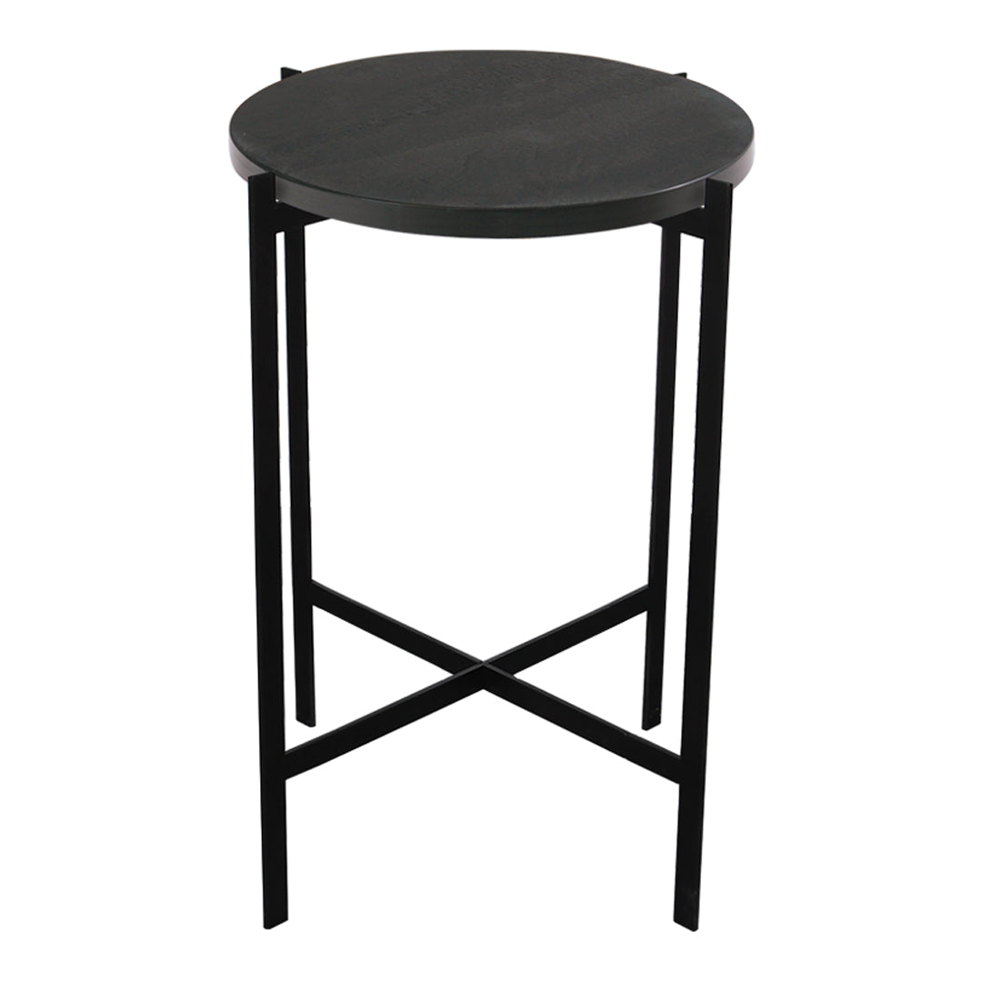 Black round accent table with a sleek, minimalist design and a matte finish on the top and black metal legs.