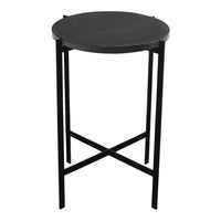 Black round accent table with a sleek, minimalist design and a matte finish on the top and black metal legs.