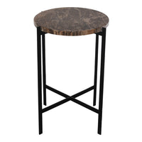 Round brown marble tabletop with black metal legs, featuring a sleek, modern design. Perfect for contemporary decor.
