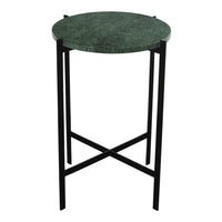 Round green marble top accent table with sleek black metal legs. Perfect blend of modern elegance and functionality.