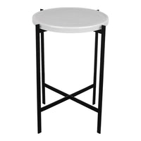 Round white tabletop with sleek black metal legs in a minimalist design. Perfect for modern decor.