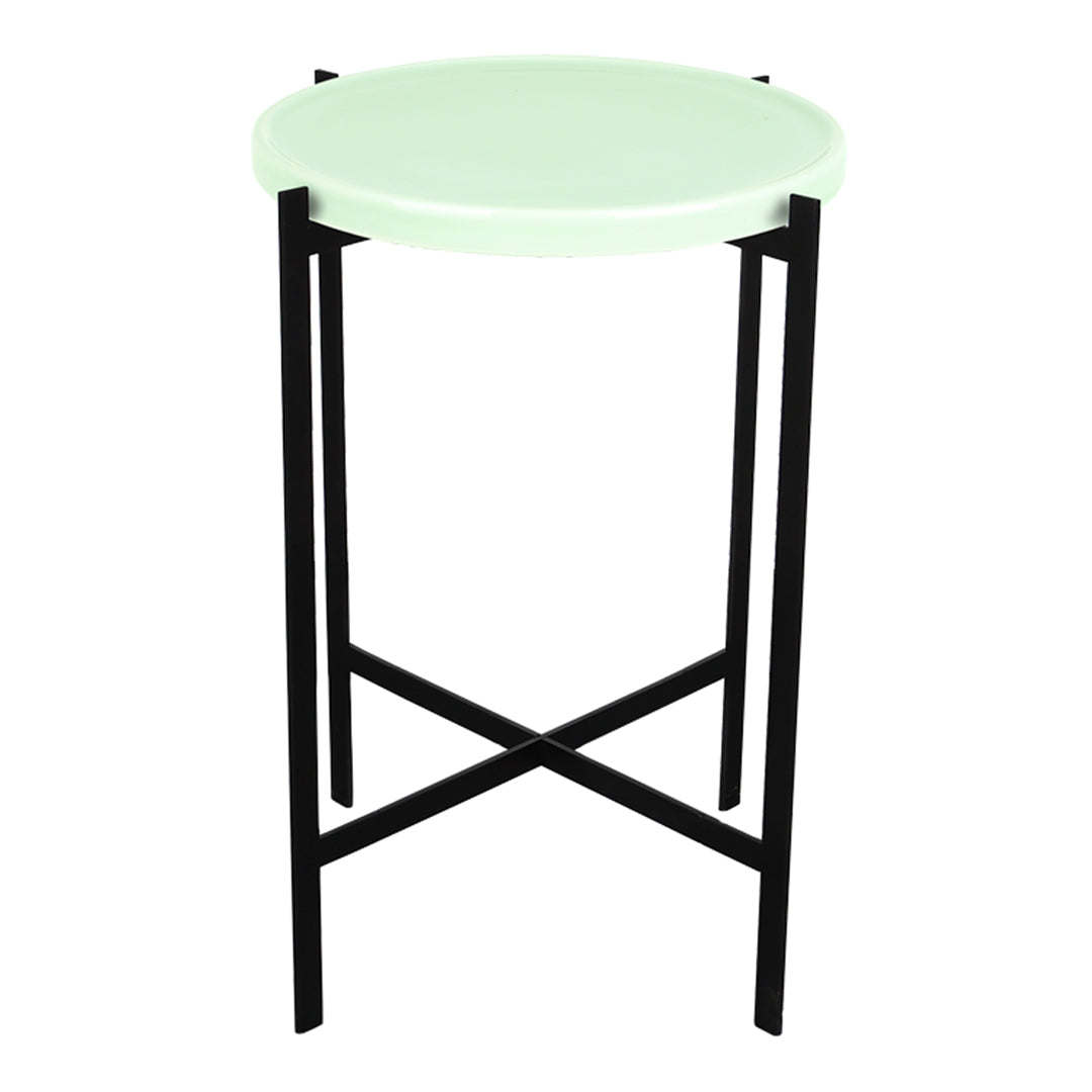 Mint green round tabletop on a sleek black metal frame, featuring a minimalist design. Perfect for modern decor.