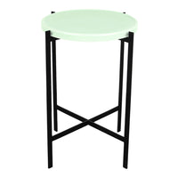 Mint green round tabletop on a sleek black metal frame, featuring a minimalist design. Perfect for modern decor.
