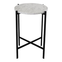 Round white marble top side table with sleek black metal legs and geometric pattern. Ideal for modern decor.