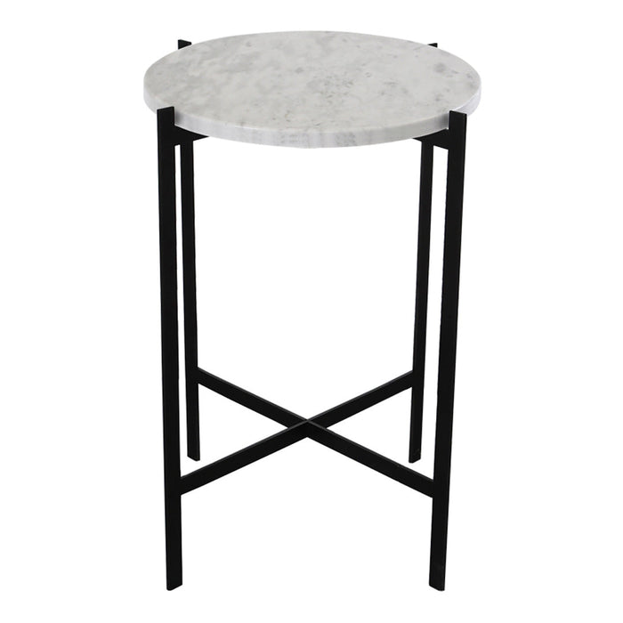 Round white marble top side table with sleek black metal legs and geometric pattern. Ideal for modern decor.