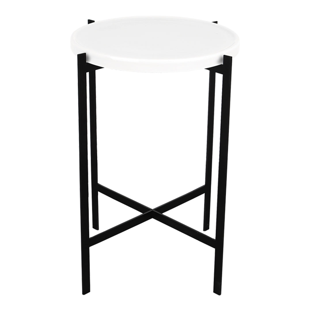 Round white top side table with sleek black metal legs, featuring a modern minimalistic design.