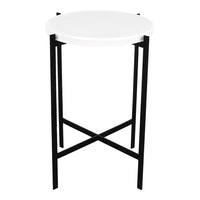 Round white top side table with sleek black metal legs, featuring a modern minimalistic design.