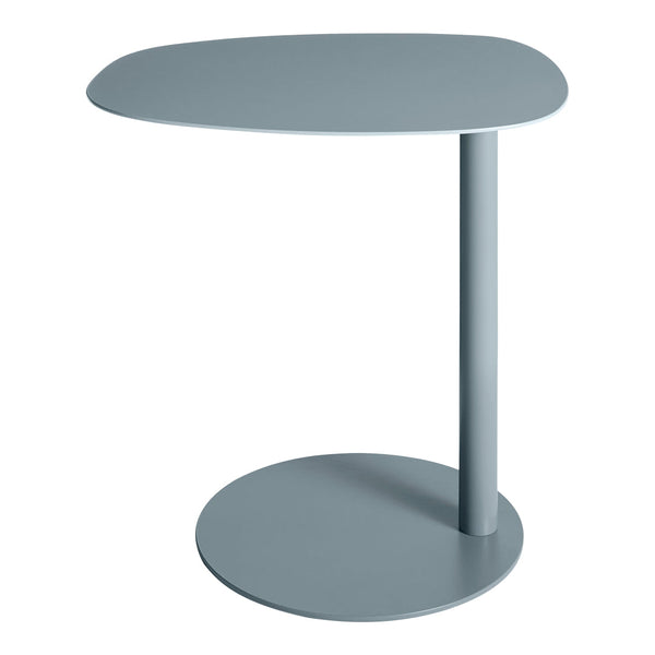 Light grey minimalist side table with a smooth, rounded top and a sturdy circular base. Sleek and modern design.