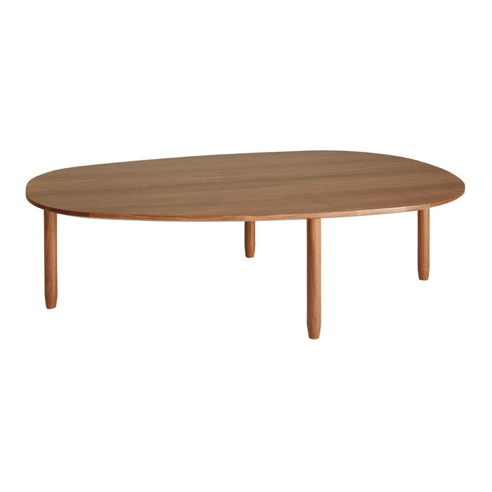 Natural wood coffee table with warm brown tones and smooth, oval surface, featuring simple wooden legs.