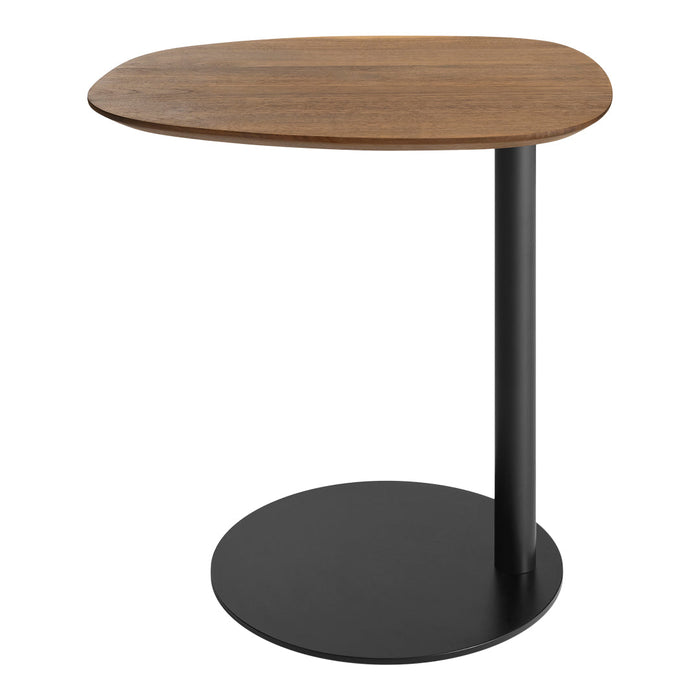 Modern side table with a warm walnut wood top and sleek black metal base, featuring a smooth, curved design.