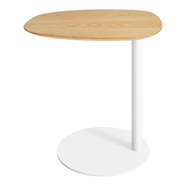 Light wood tabletop with a smooth finish and a sleek white metal base, featuring a modern minimalist design.