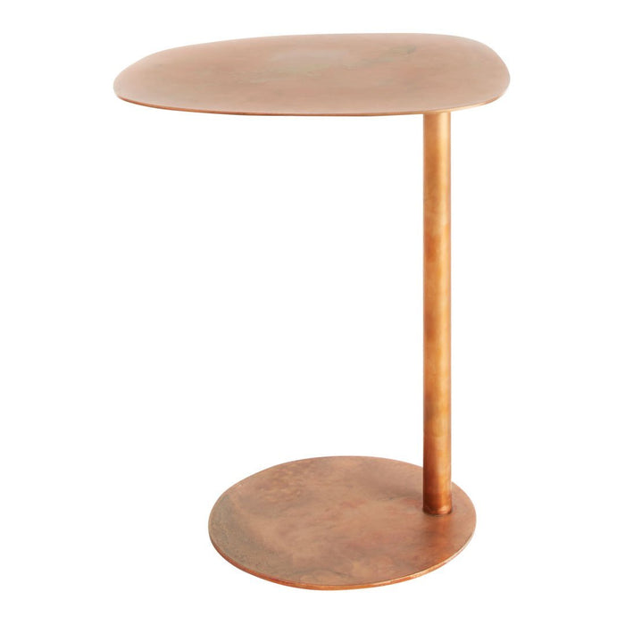 Rose gold accent table with a smooth, round top and a minimalist, circular base. Stylish modern design.