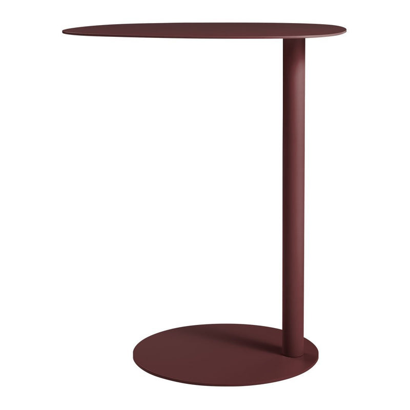 Round side table in deep burgundy with a sleek, minimal design and smooth, matte finish.