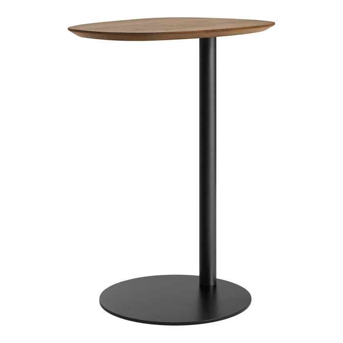 Round wooden top with a warm brown finish, sleek black metal base and pole in a modern, minimalist design.